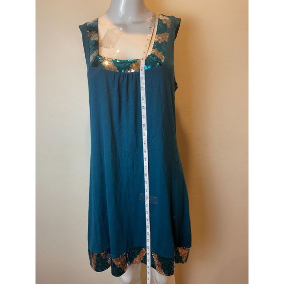 Express Womens Shift Dress Sequins Retro Neck Sleeveless Turquoise Blue Large - Picture 2 of 7
